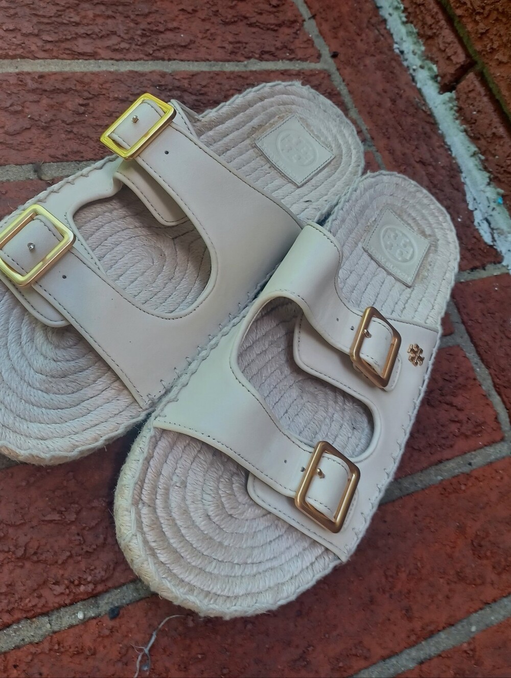 Tory Burch Cream Leather Double Buckle Espadrille Slides - Picture 2 of 7